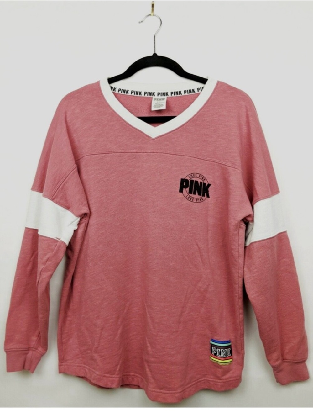 PINK Victoria's Secret Dusty Pink & White V-Neck Long Sleeve Sweatshirt